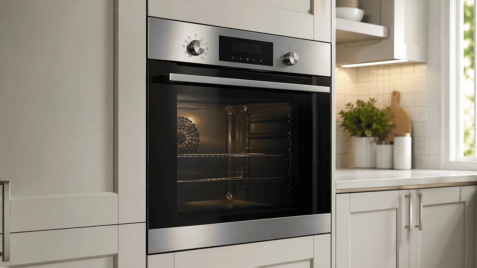 Stainless steel electric wall oven built into light grey kitchen cabinets.