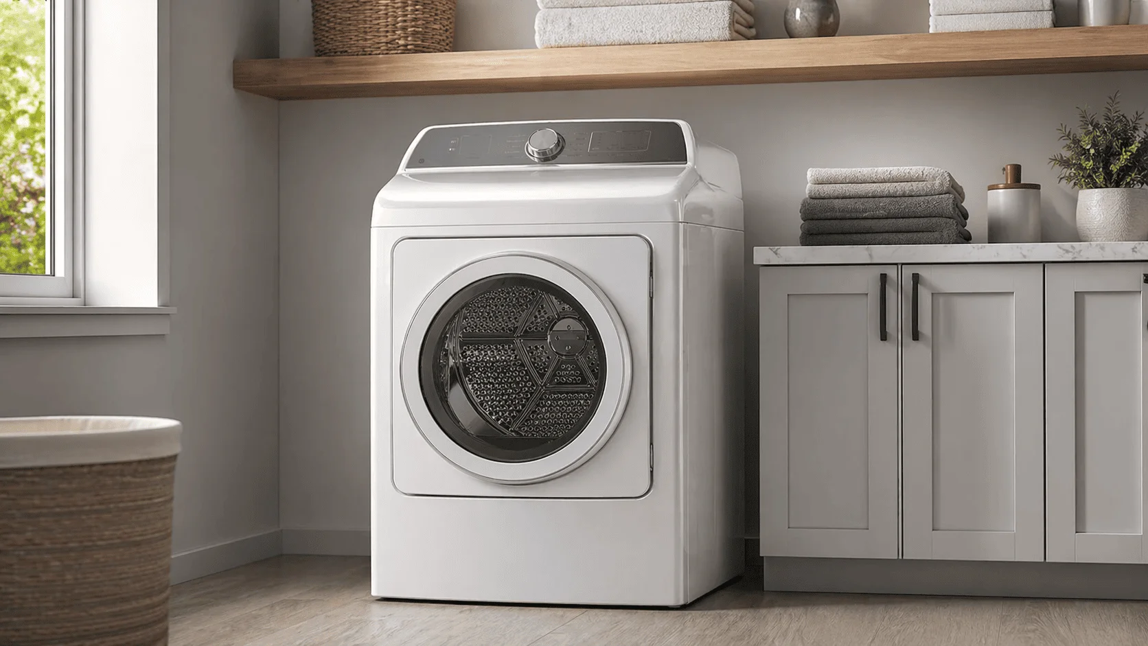 White front-loading clothes dryer installed next to light grey cabinets in a laundry room.