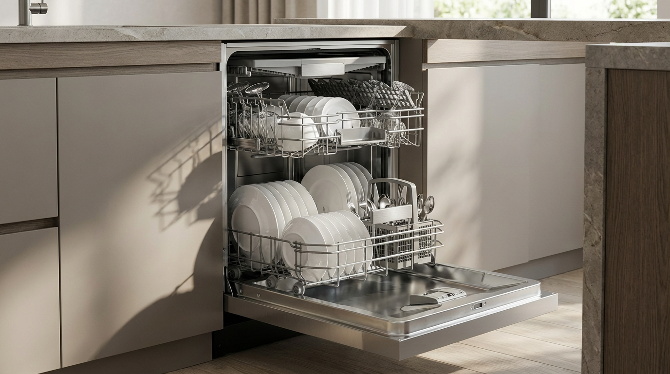Open built-in dishwasher fully loaded with clean white plates, glasses, and silverware in a modern kitchen with light beige cabinets.